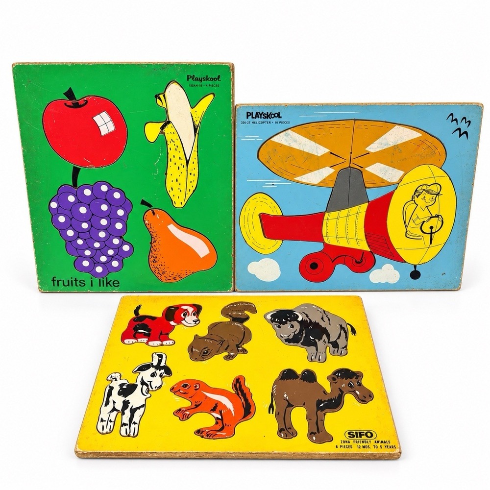 Vintage Wooden Puzzle Lot Playskool SIFO Fruits Helicopter Animals
